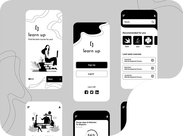 UI/UX design mockup screens for a mobile app